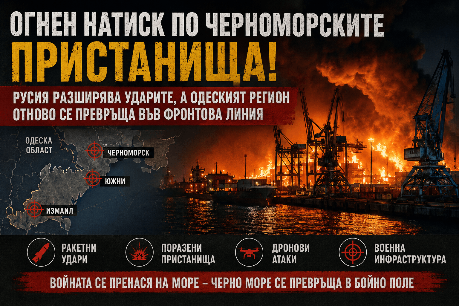 Огнен ад по черноморските пристанища на Украйна: Русия размазва Одеският регион и го превръща във фронтова линия